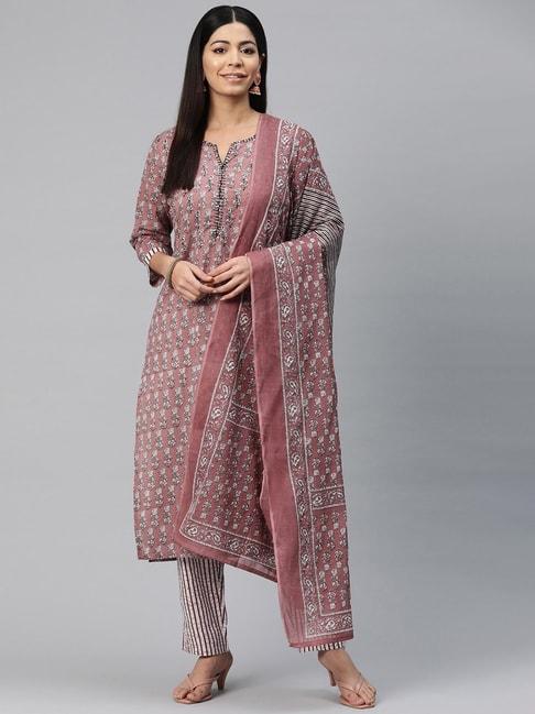 readiprint fashions pink cotton floral print kurta pant set with dupatta