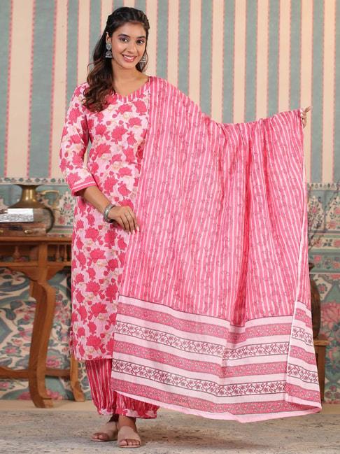 readiprint fashions pink cotton floral print kurta salwaar set with dupatta