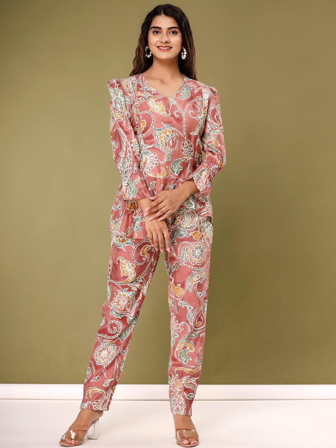 readiprint fashions printed v-neck pure silk top with trouser