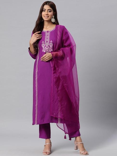 readiprint fashions purple embroidered kurta pant set with dupatta