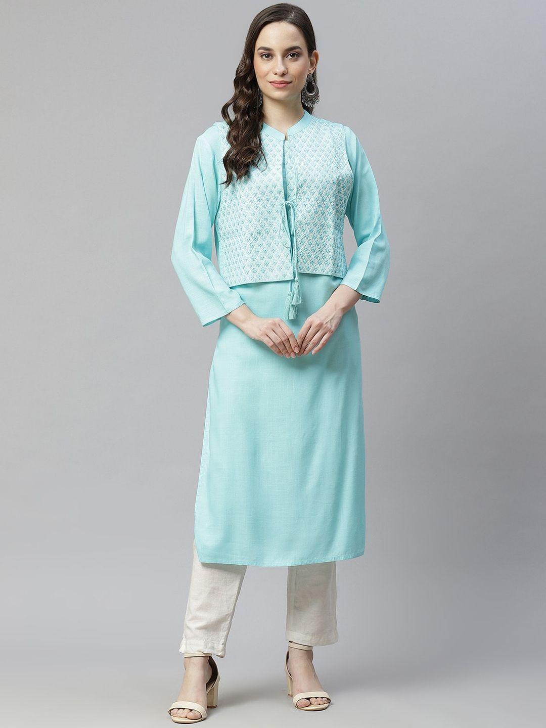 readiprint fashions round neck straight regular kurta with embroidered jacket