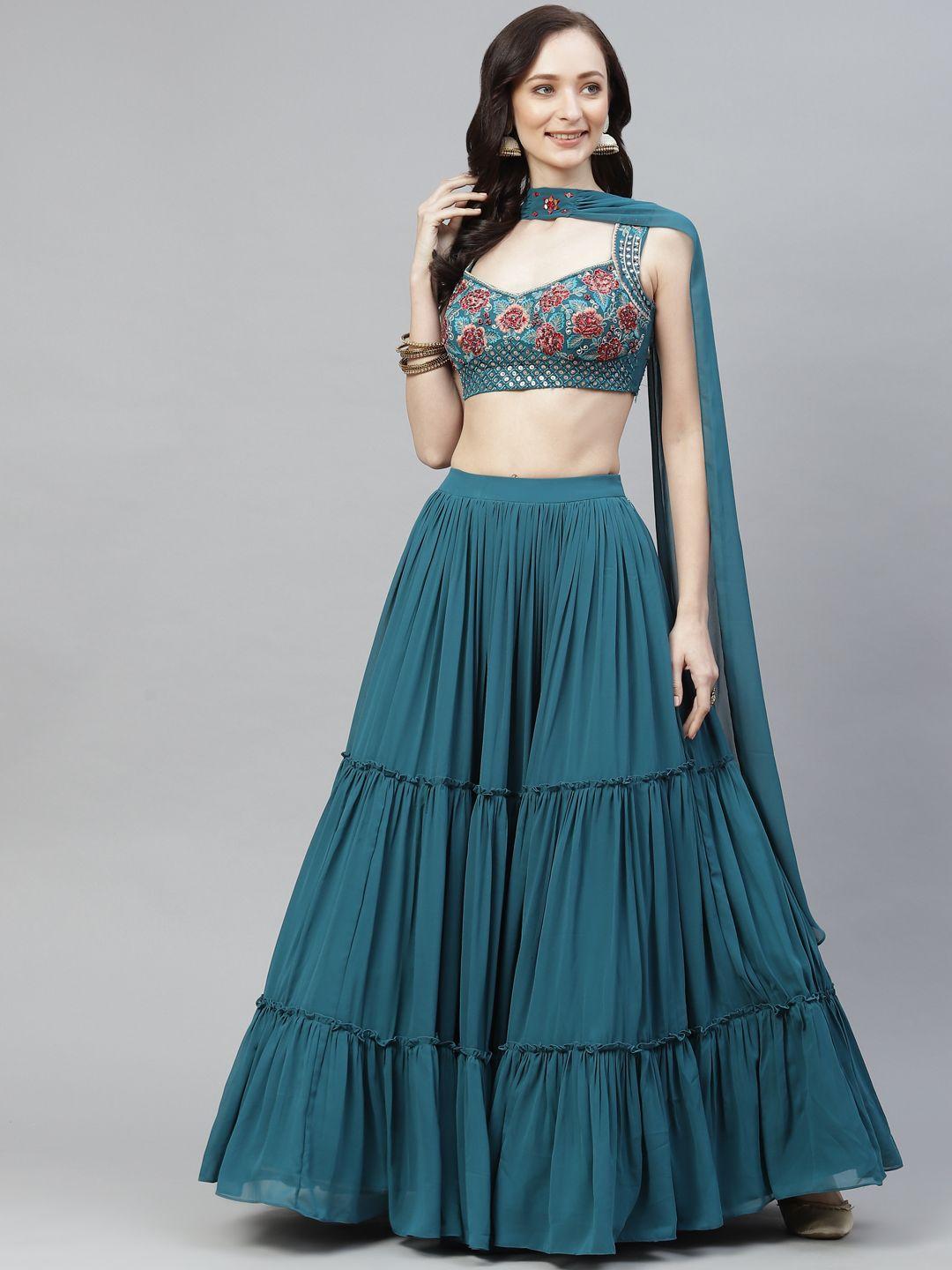 readiprint fashions teal blue & gold  embroidered unstitched lehenga & blouse with dupatta