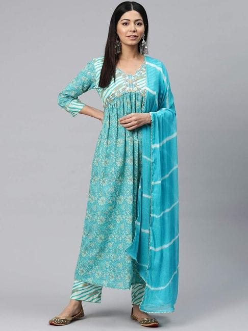 readiprint fashions turquoise cotton floral print kurta pant set with dupatta
