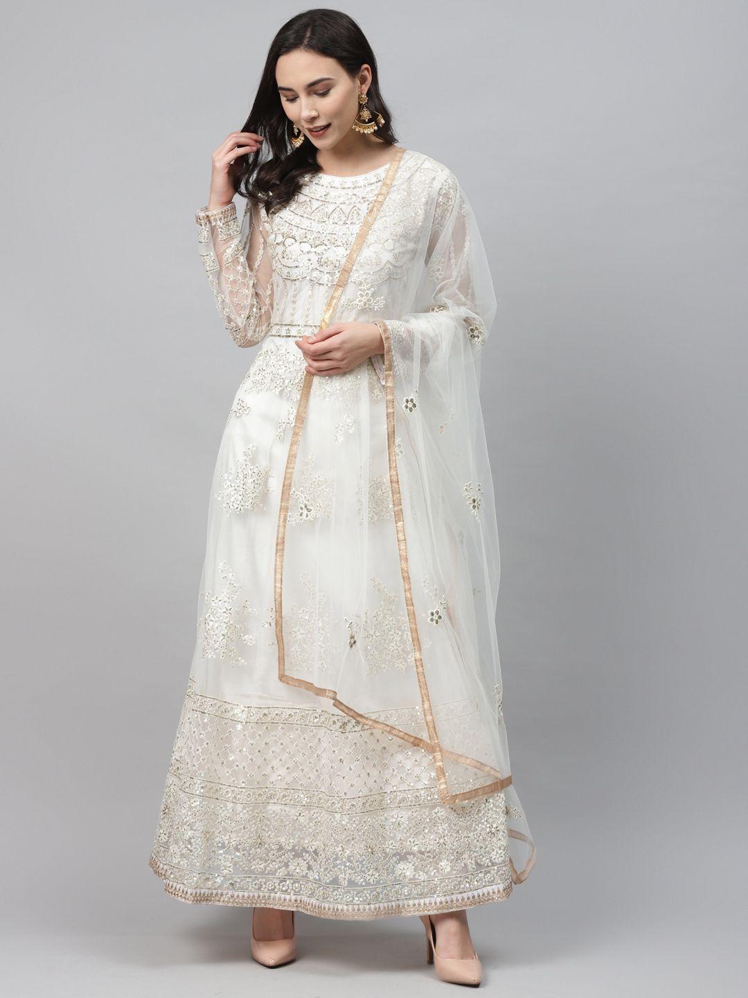 readiprint fashions white & golden net embroidered semi-stitched dress material