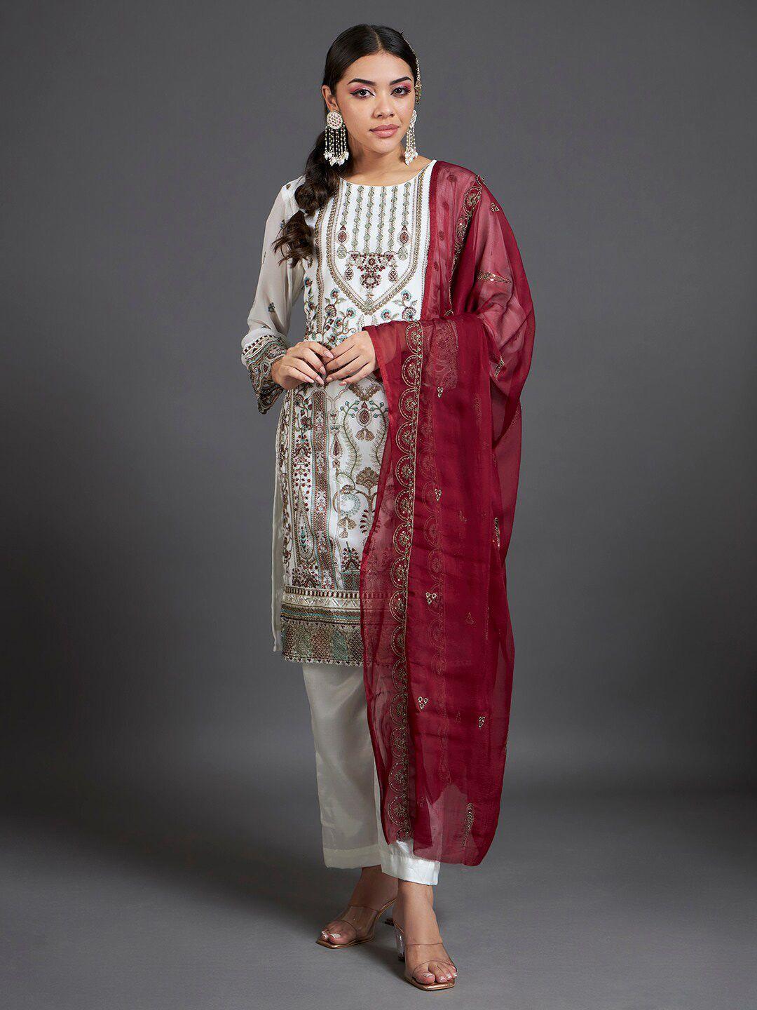 readiprint fashions white & maroon embroidered unstitched dress material