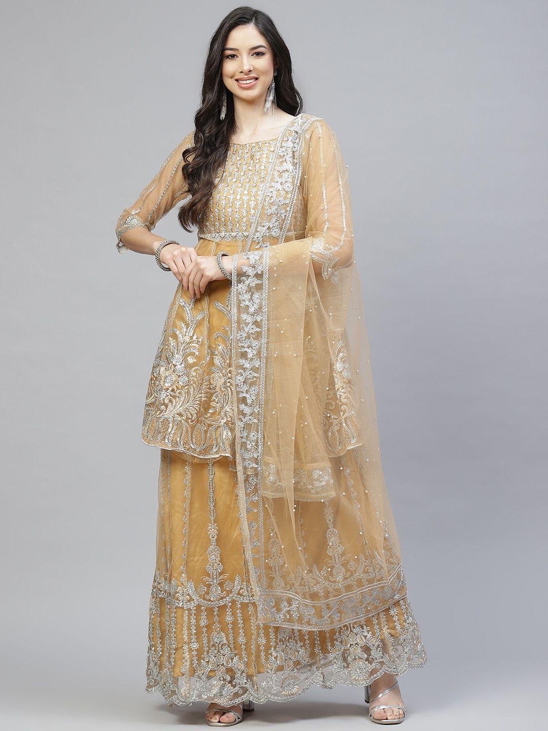 readiprint fashions women beige embroidered semi-stitched dress material