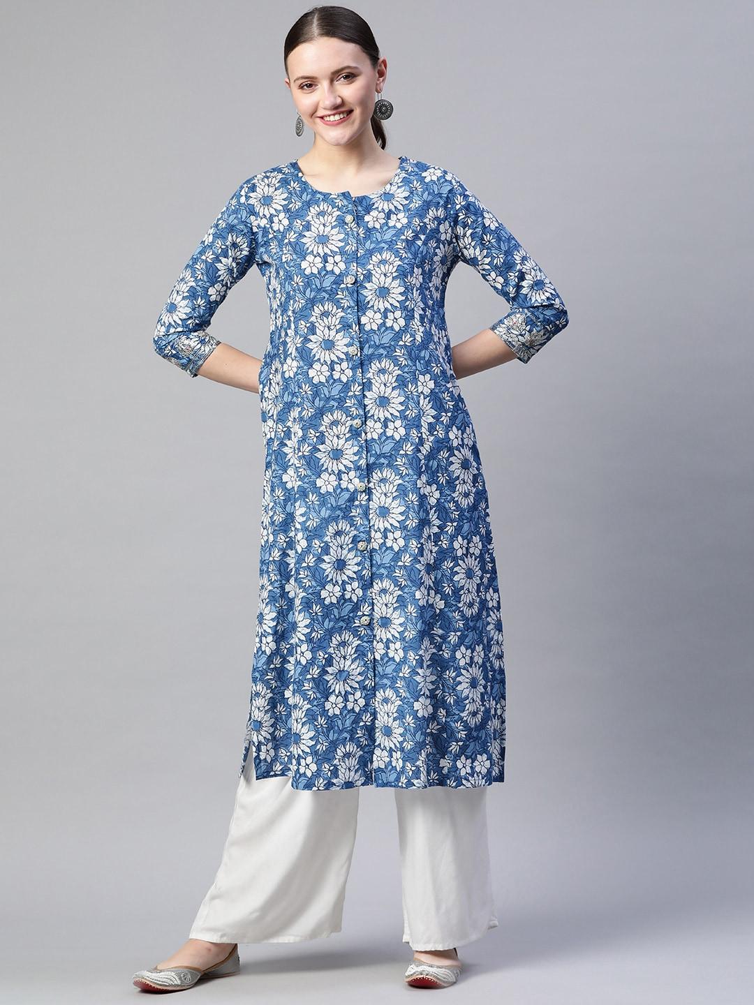 readiprint fashions women blue & white cotton floral batik print kurta