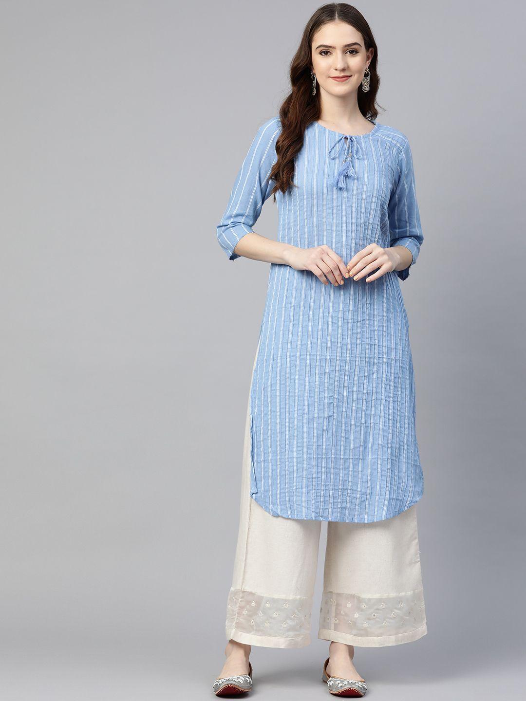 readiprint fashions women blue & white pure cotton striped kurta