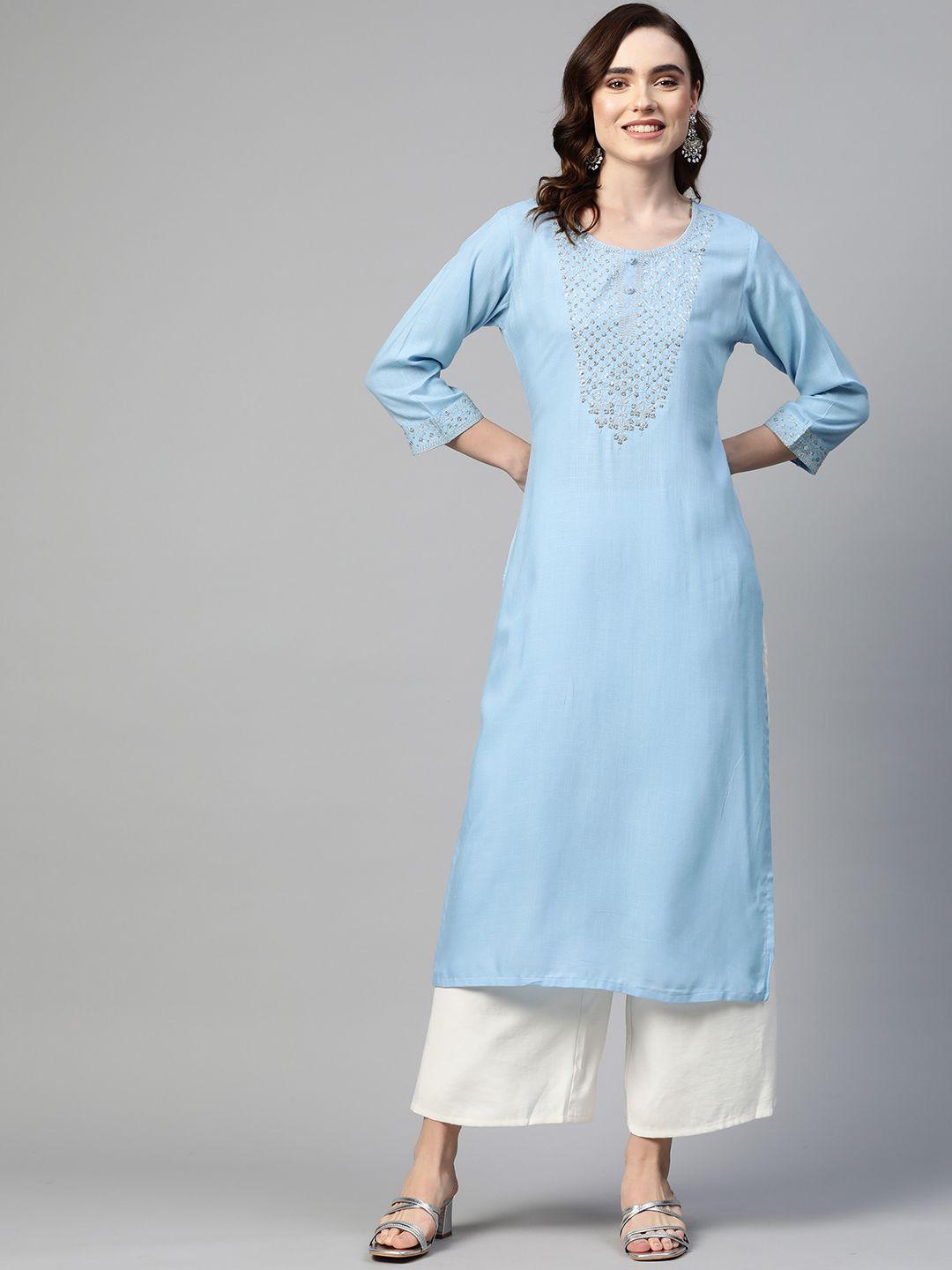 readiprint fashions women blue sequined yoke design kurta