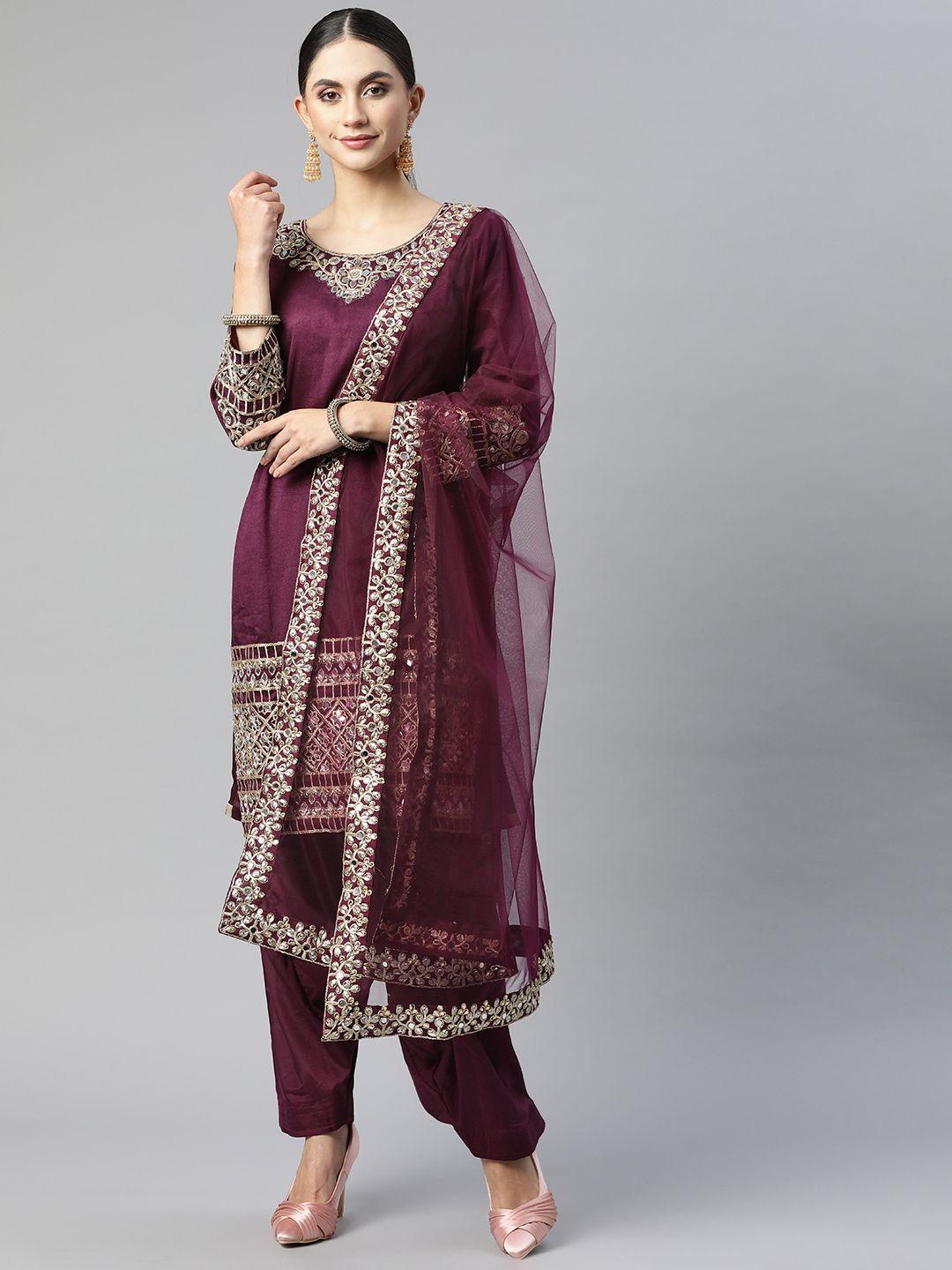 readiprint fashions women burgundy embroidered art silk semi-stitched dress material