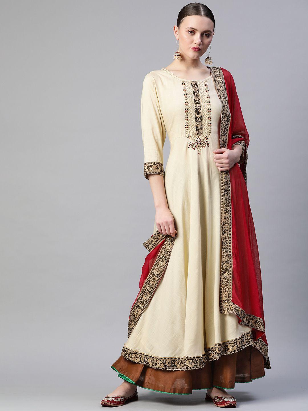 readiprint fashions women cream-coloured embellished yoke design a-line kurta with dupatta