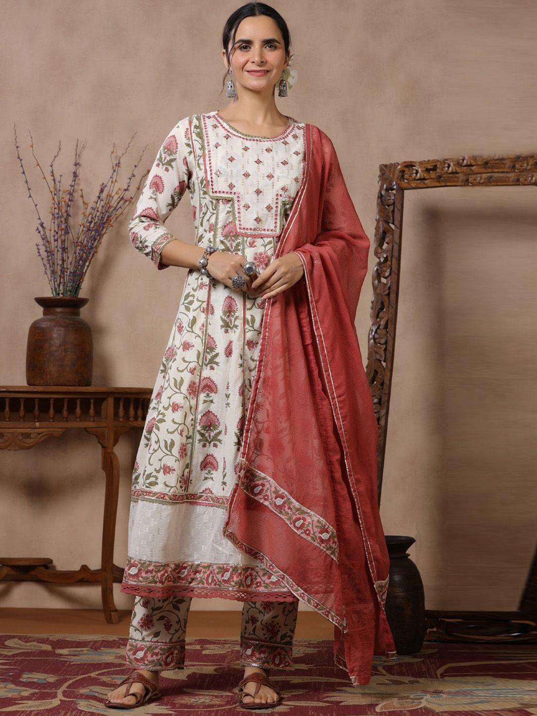 readiprint fashions women cream-coloured floral printed panelled mirror work pure cotton kurta with trousers