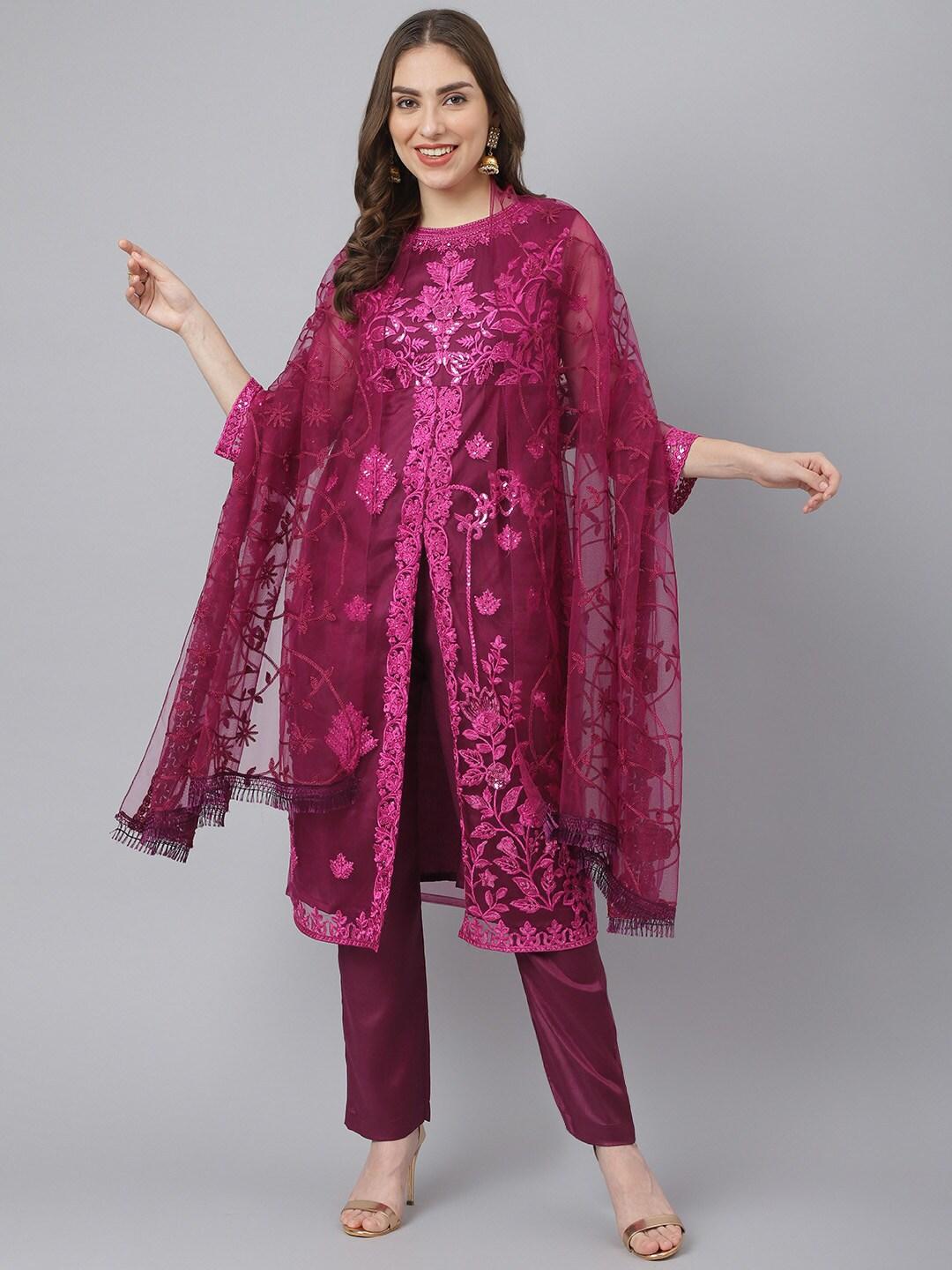 readiprint fashions women magenta embroidered semi-stitched dress material