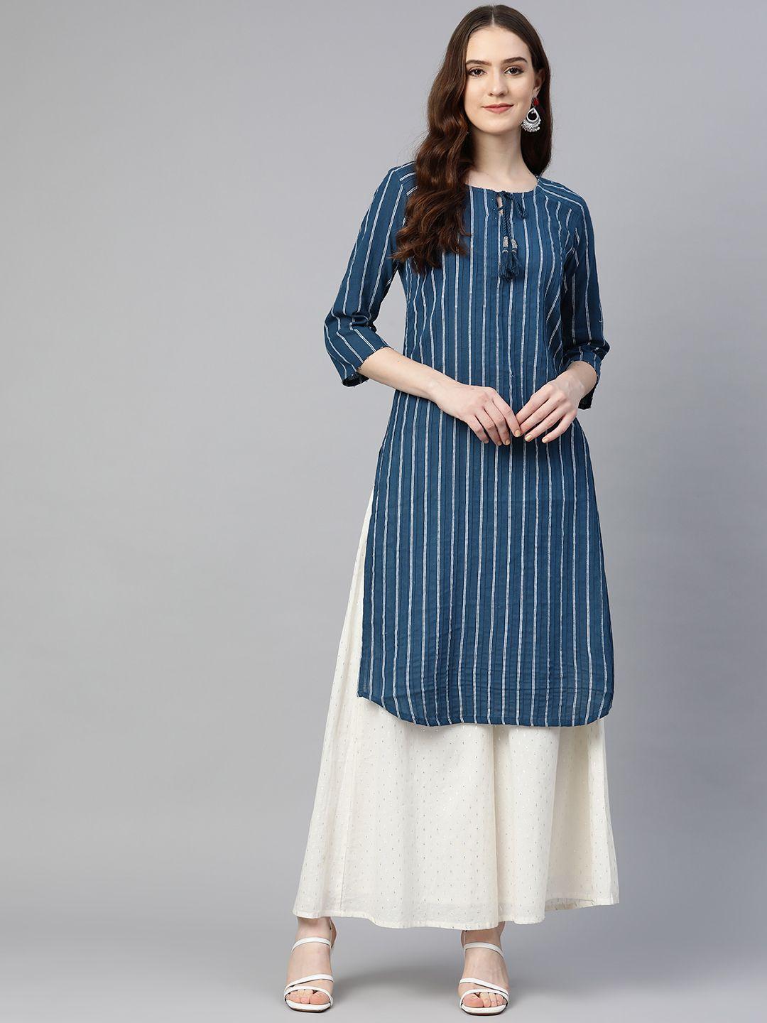 readiprint fashions women navy blue pure cotton striped kurta
