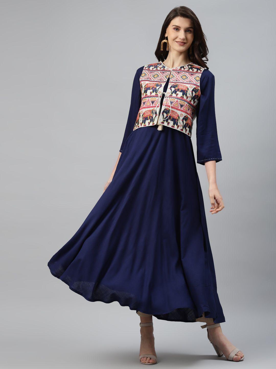 readiprint fashions women navy blue solid a-line kurta with embroidered jacket