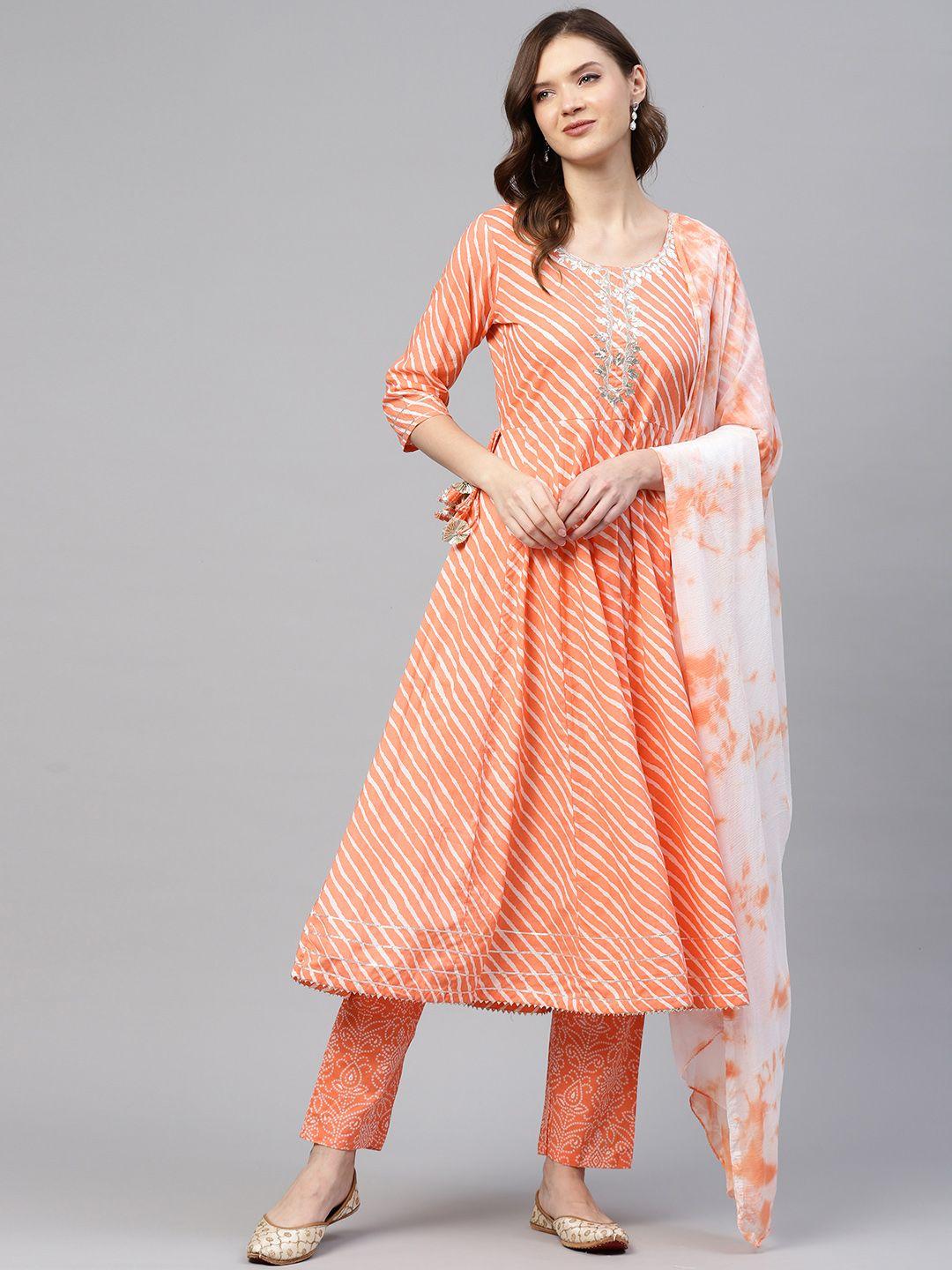 readiprint fashions women peach & white leheriya cotton anarkali kurta set with dupatta
