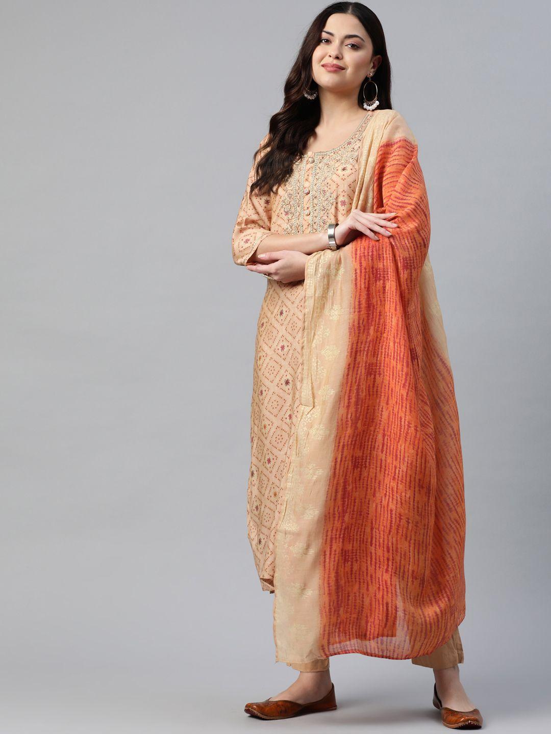 readiprint fashions women peach-coloured floral embroidered pure cotton kurta set