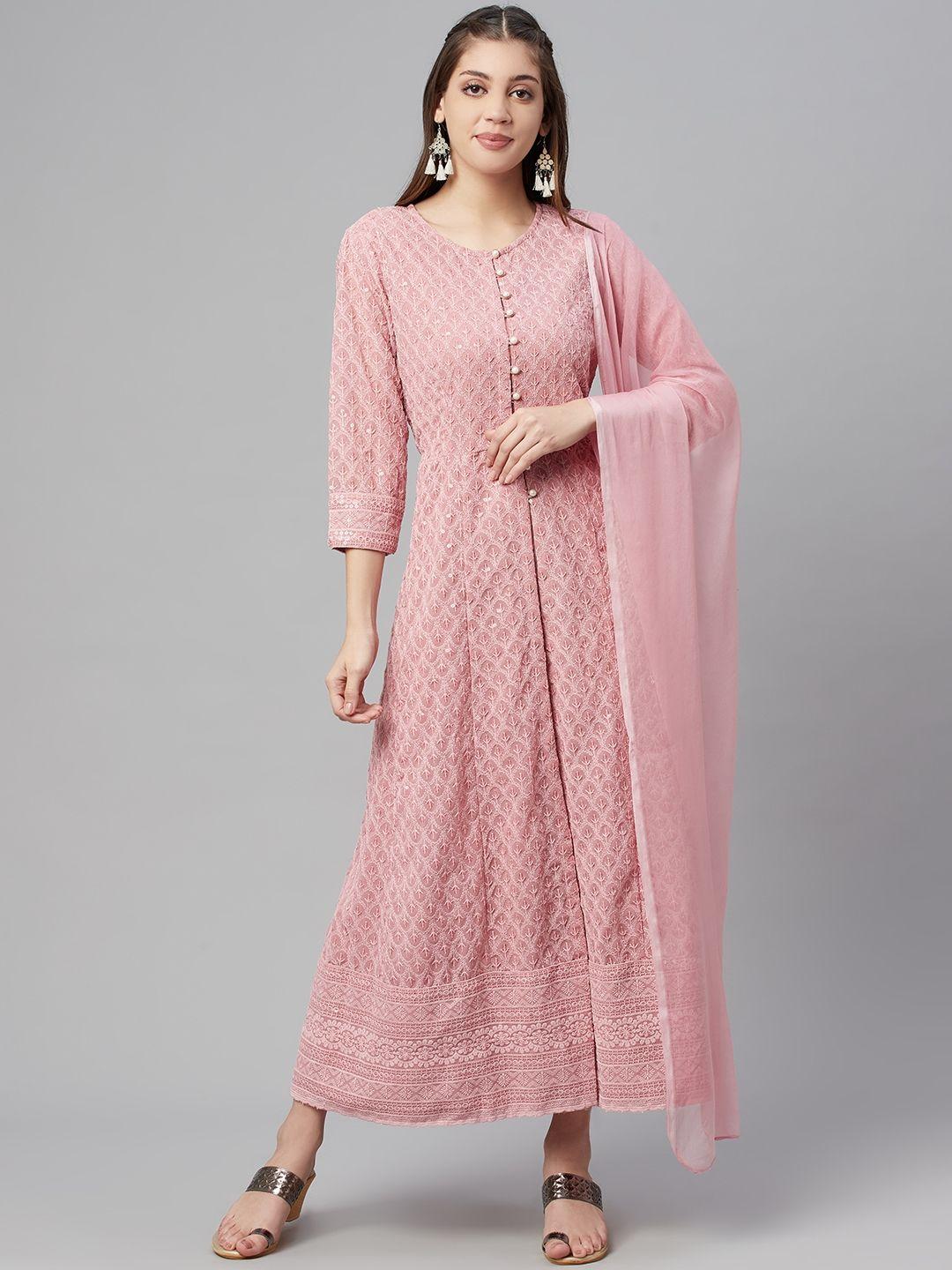 readiprint fashions women pink ethnic motifs embroidered kurta with dupatta