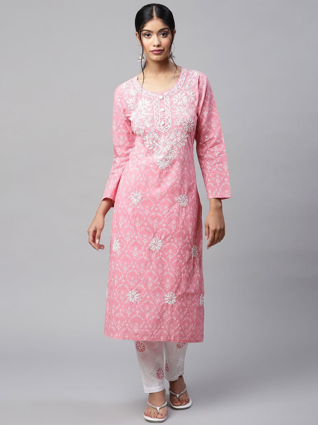 readiprint fashions women pink floral embroidery chikankari cotton straight kurta palazzos