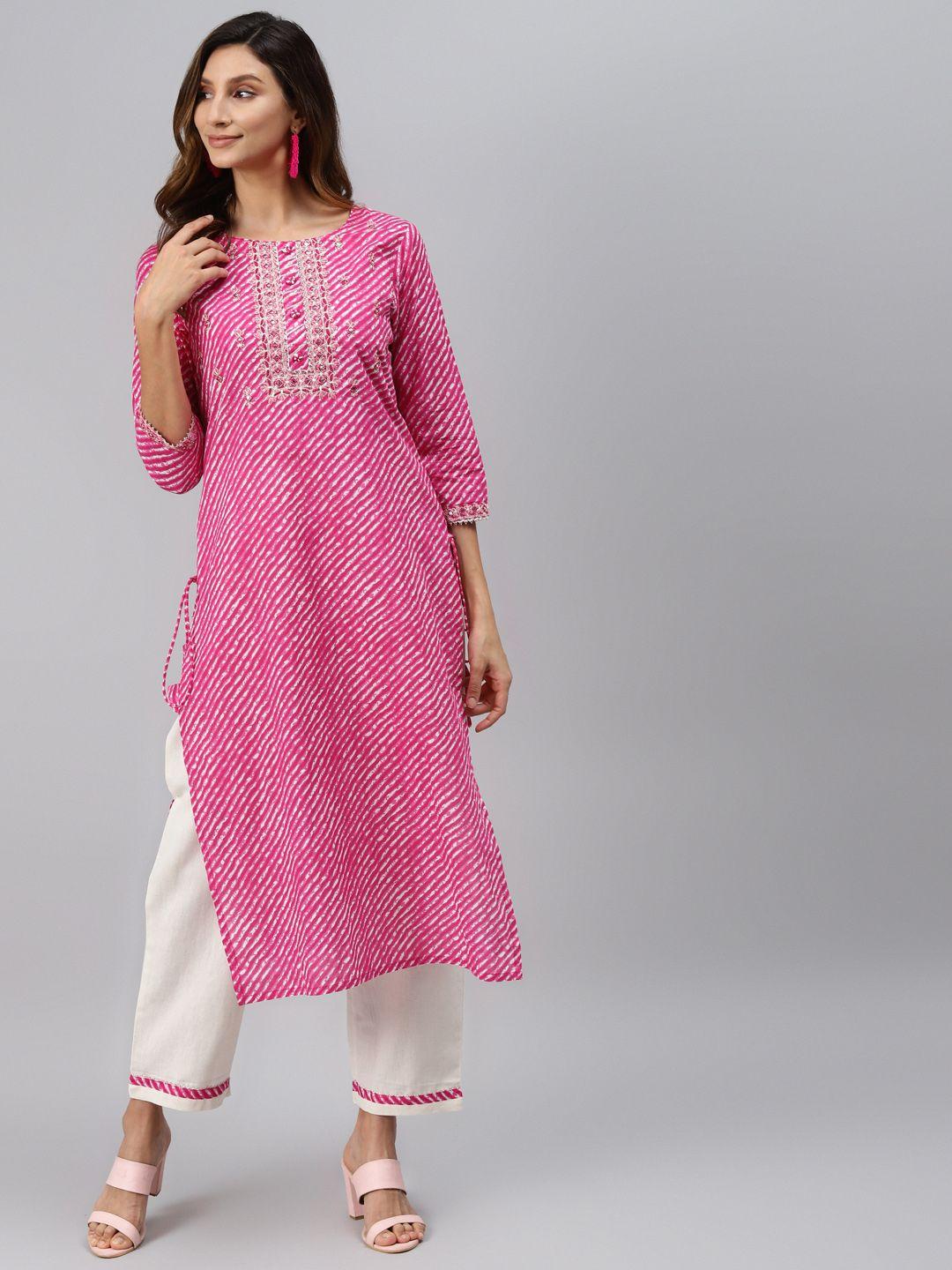 readiprint fashions women pink leheriya print mirror work straight kurta with trousers