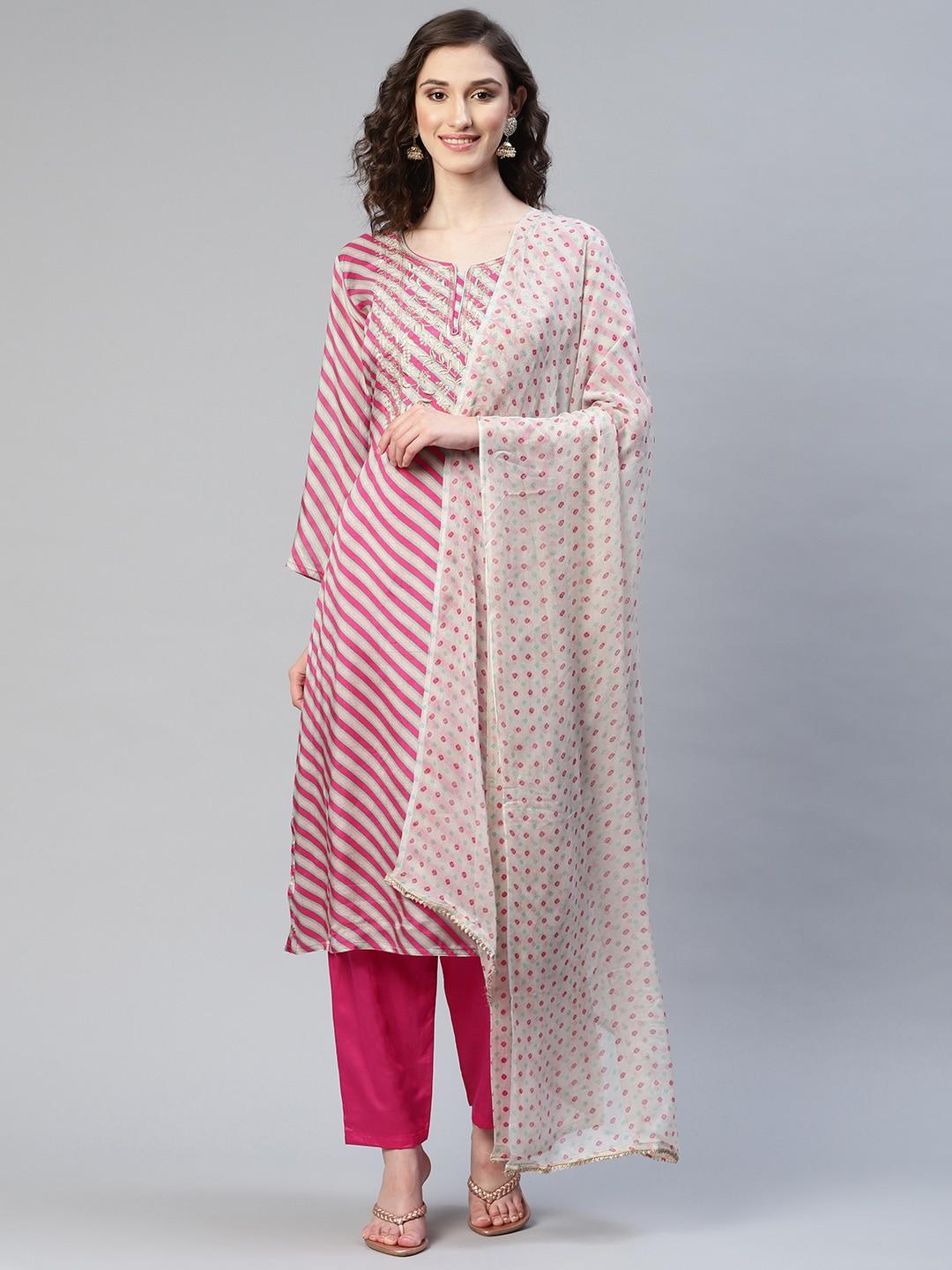 readiprint fashions women pink striped thread work kurta with trousers & dupatta