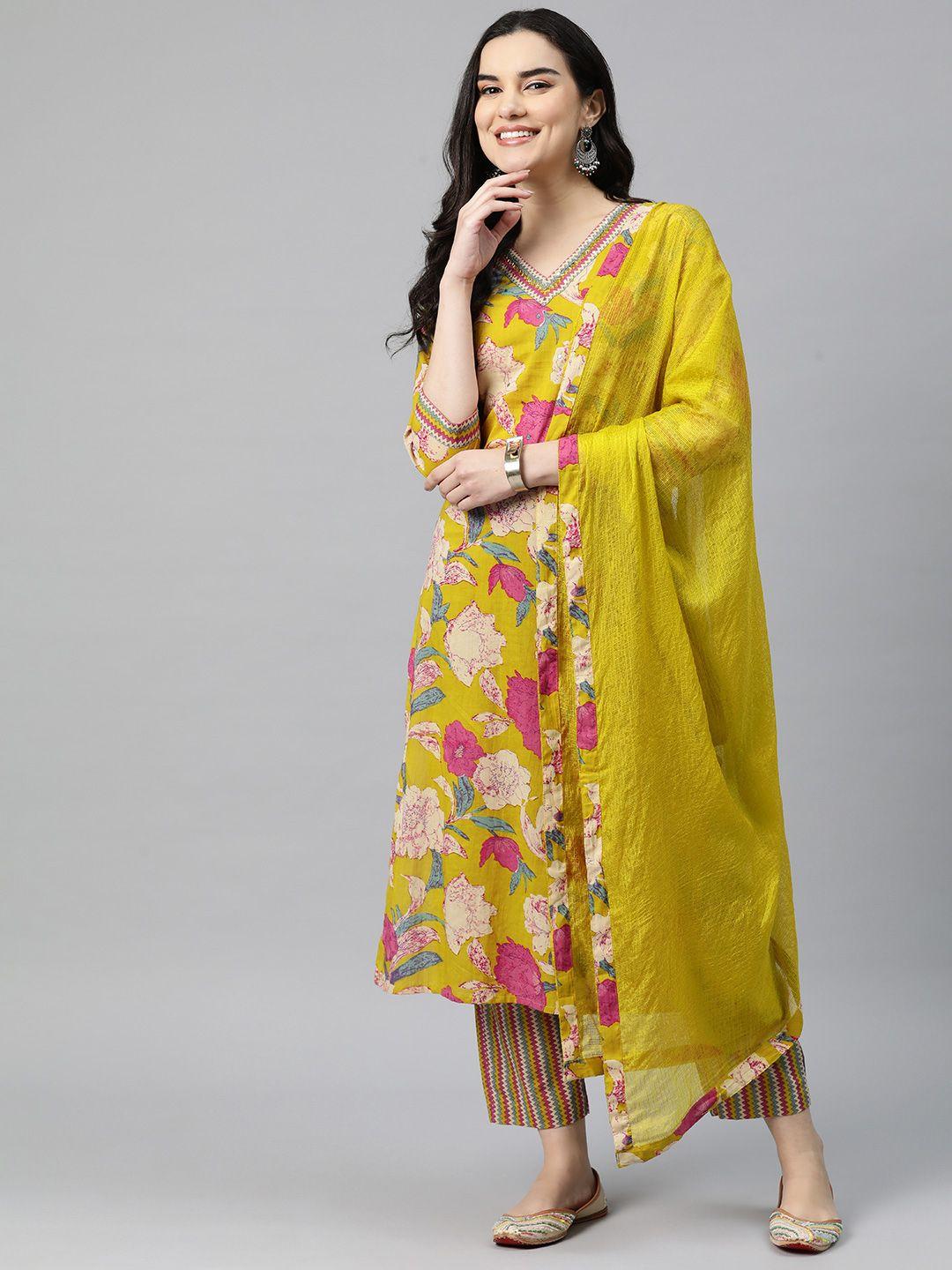 readiprint fashions women printed beaded pure cotton kurta with palazzos & with dupatta