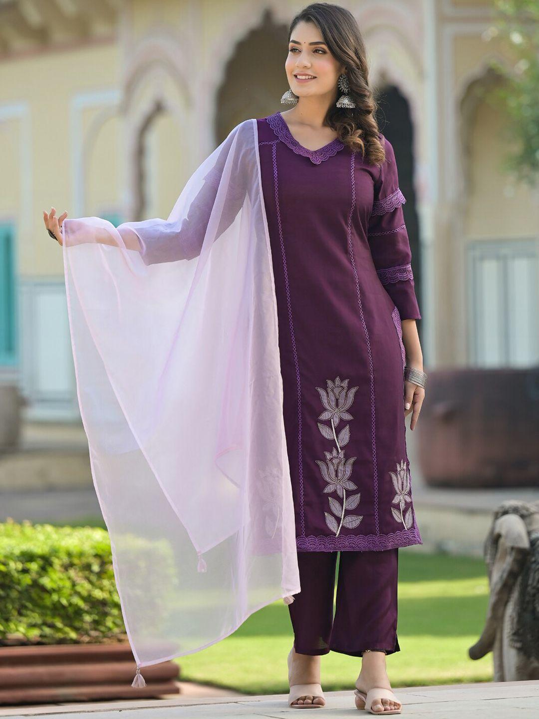 readiprint fashions women violet floral embroidered regular patchwork pure silk kurta with palazzos & with