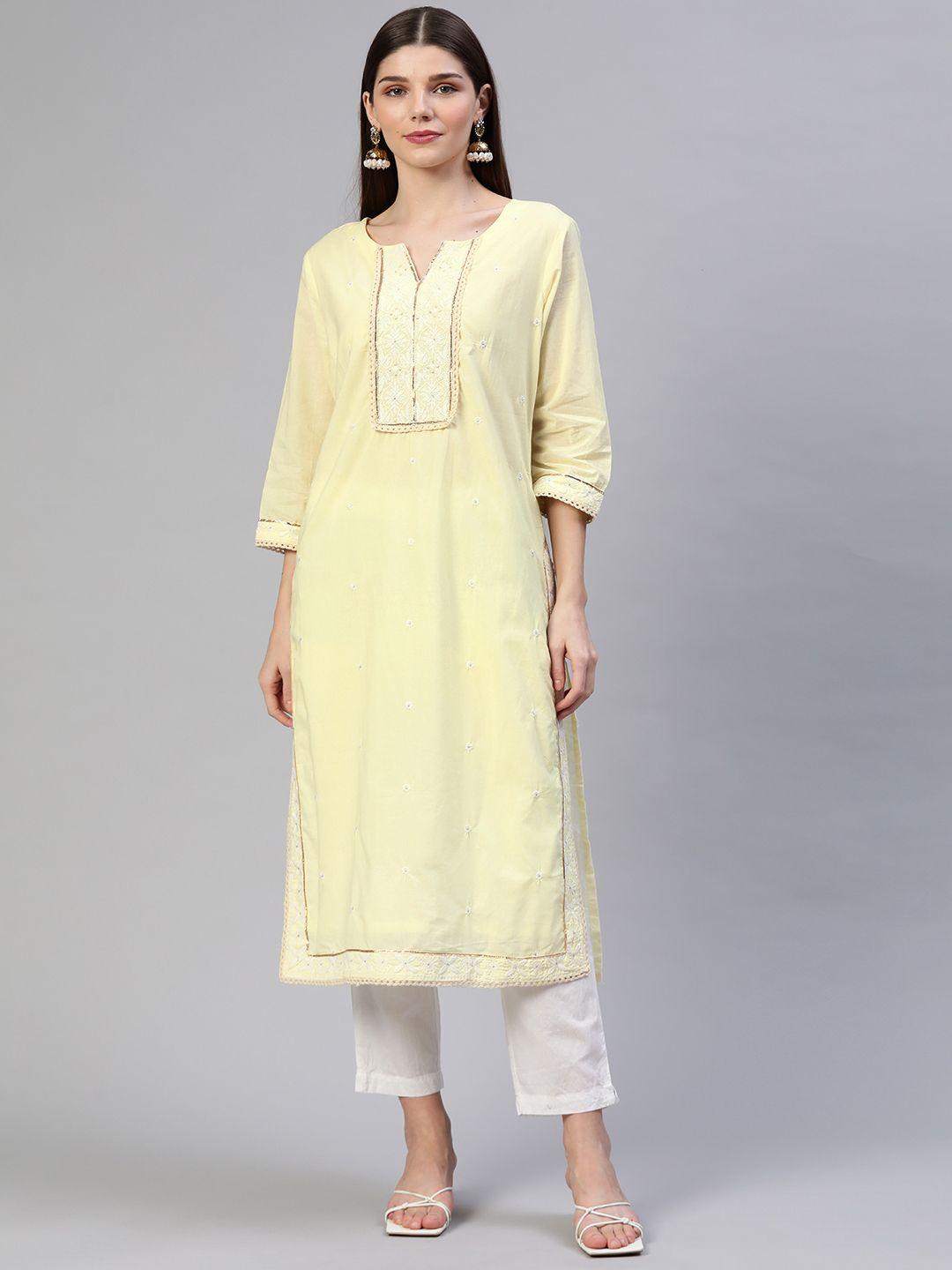 readiprint fashions women yellow embroidered thread work kurta