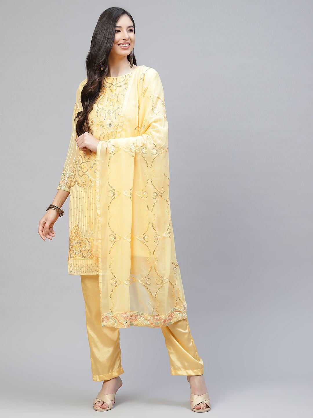 readiprint fashions women yellow embroidered unstitched dress material