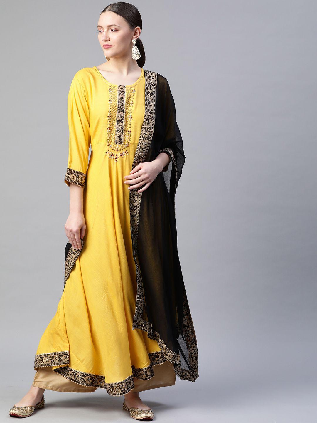 readiprint fashions yellow & black ethnic yoke design asymmetric anarkali kurta & dupatta