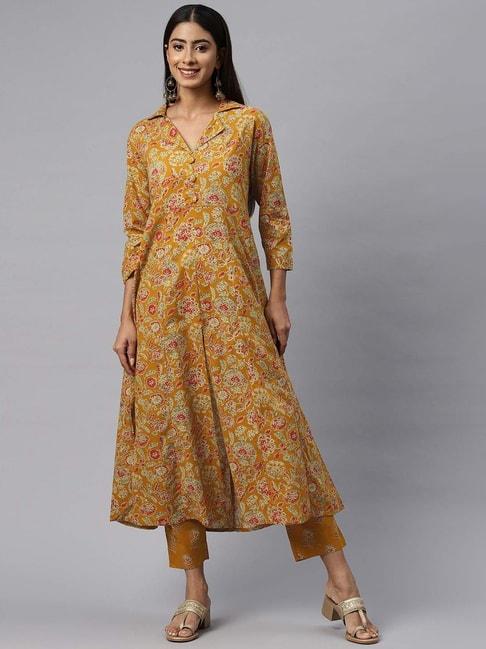 readiprint fashions yellow cotton floral print kurta pant set