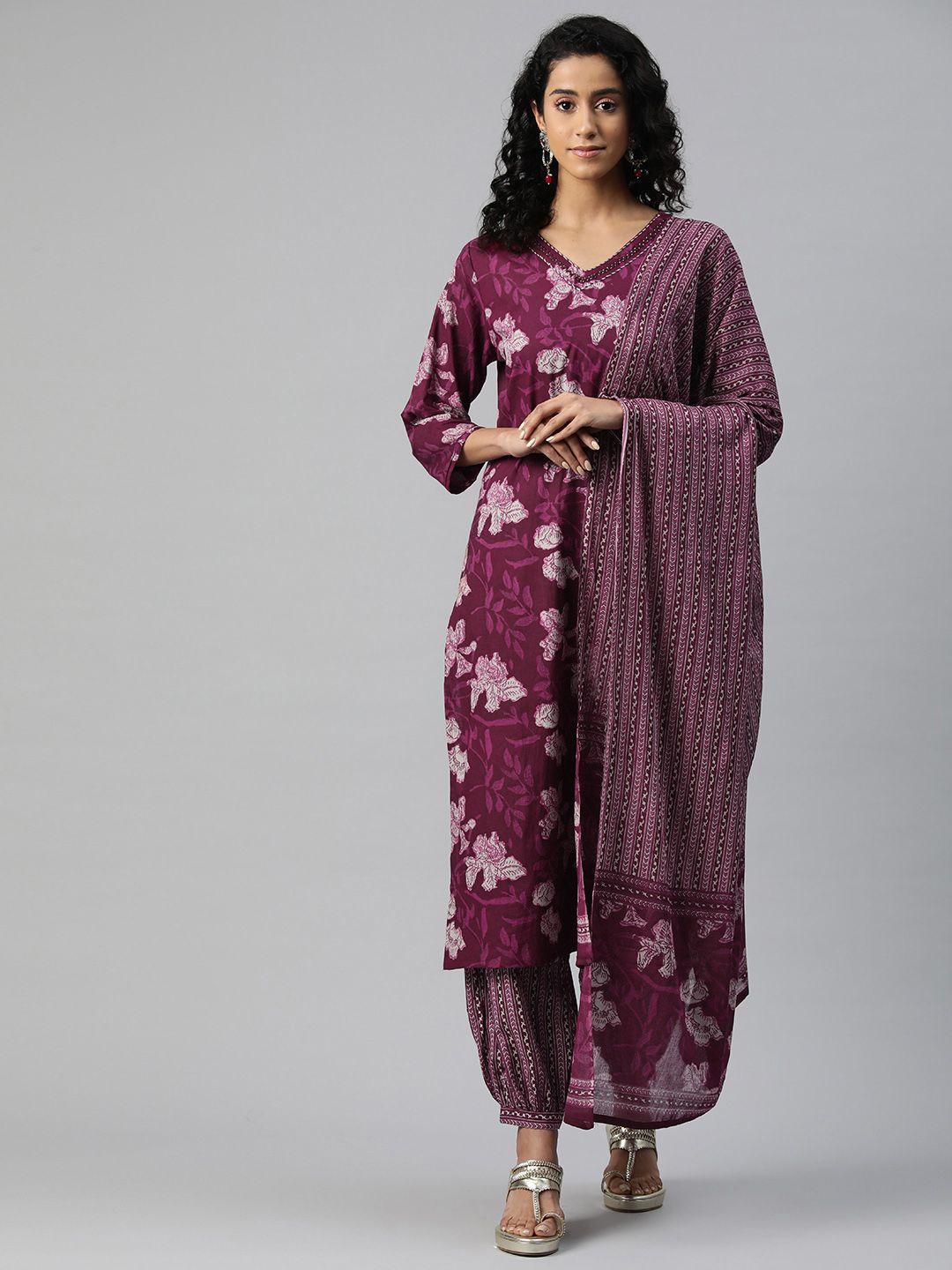 readiprint fashion floral printed thread work pure cotton kurta with salwar & dupatta
