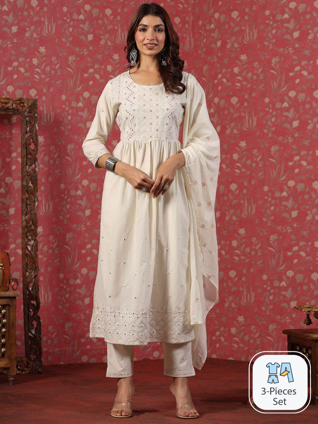 readiprint fashions  floral embroidered pure cotton kurta with trousers & dupatta