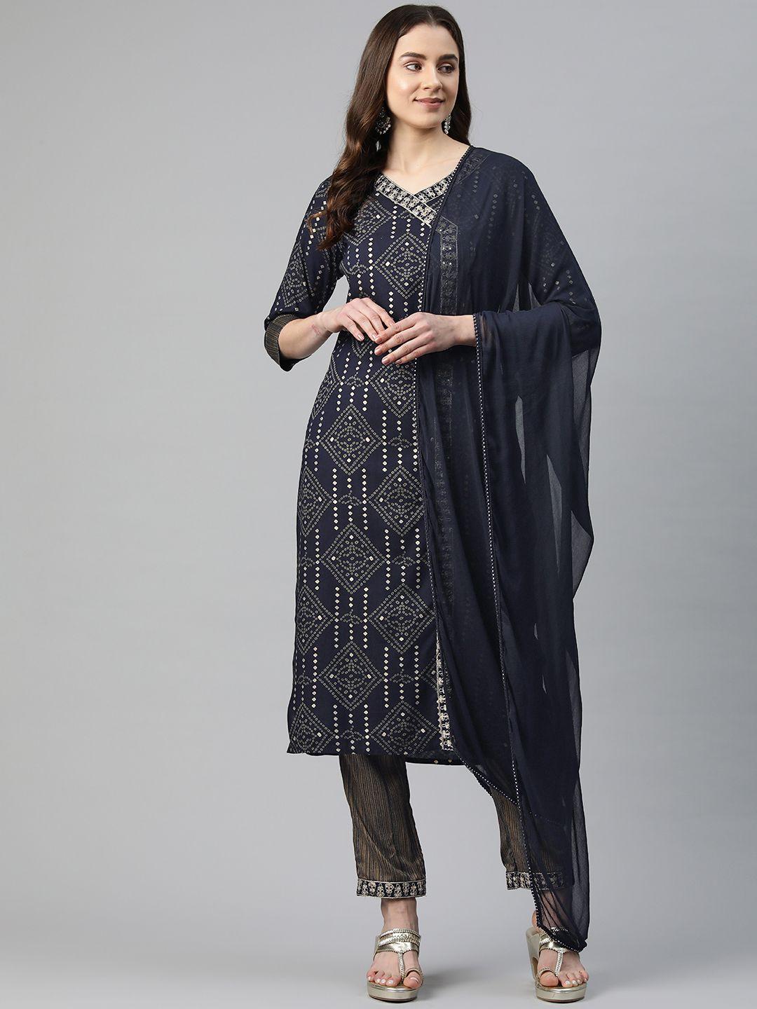 readiprint fashions bandhani printed angrakha sequinned kurta with trousers & dupatta