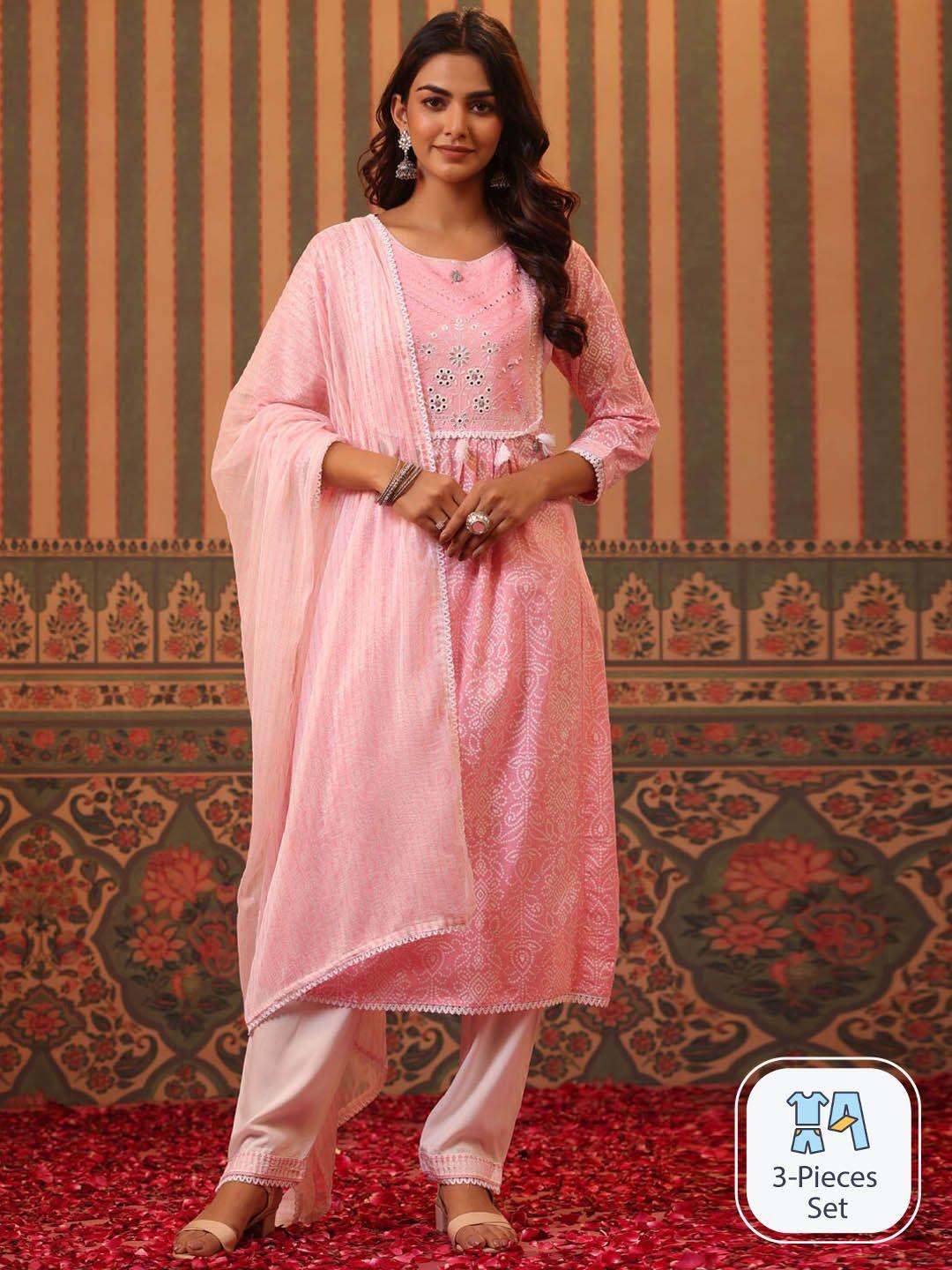 readiprint fashions bandhani printed pure cotton straight kurta with trousers & dupatta