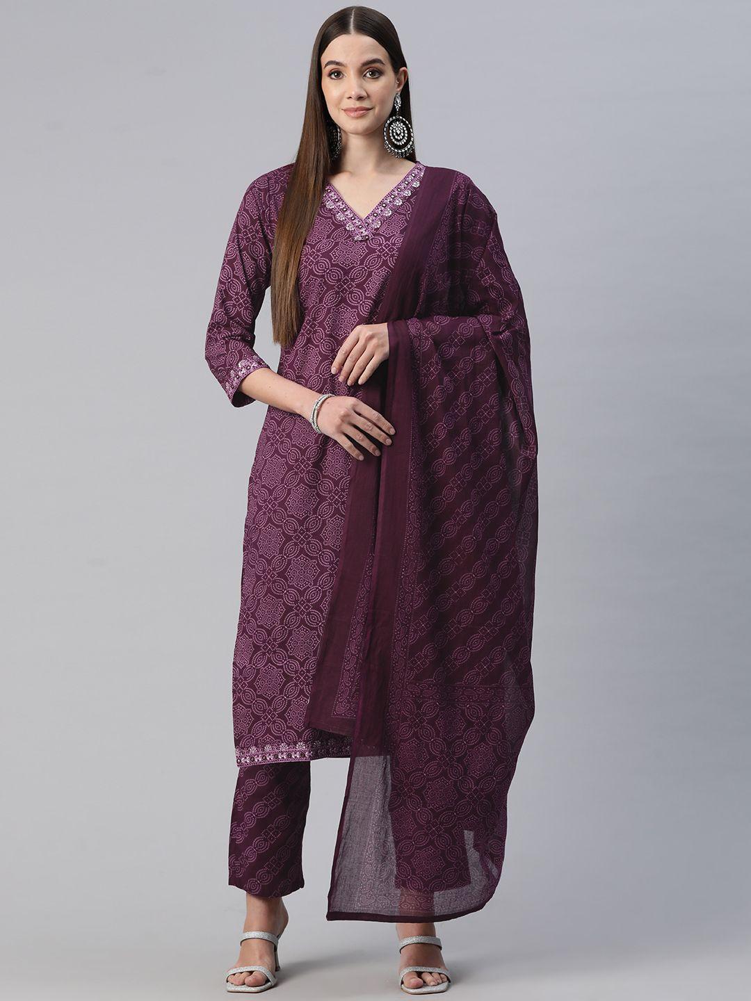 readiprint fashions bandhani printed thread work pure cotton kurta with trousers & dupatta