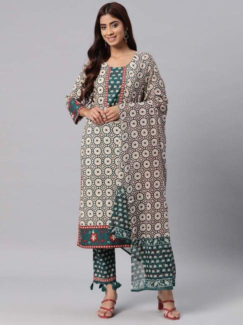 readiprint fashions beige & green cotton floral print kurta pant set with dupatta