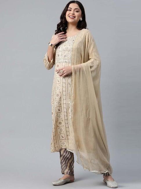 readiprint fashions beige & grey embroidered kurta pant set with dupatta
