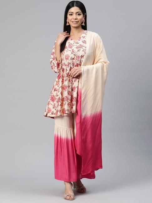 readiprint fashions beige & pink floral print kurti sharara set with dupatta