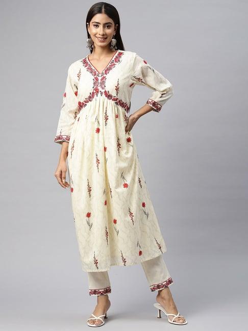 readiprint fashions beige cotton embroidered kurta pant set