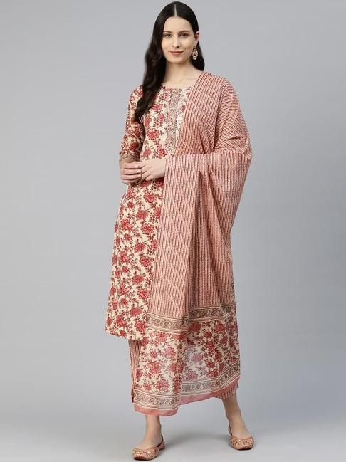 readiprint fashions beige cotton floral print kurta pant set with dupatta