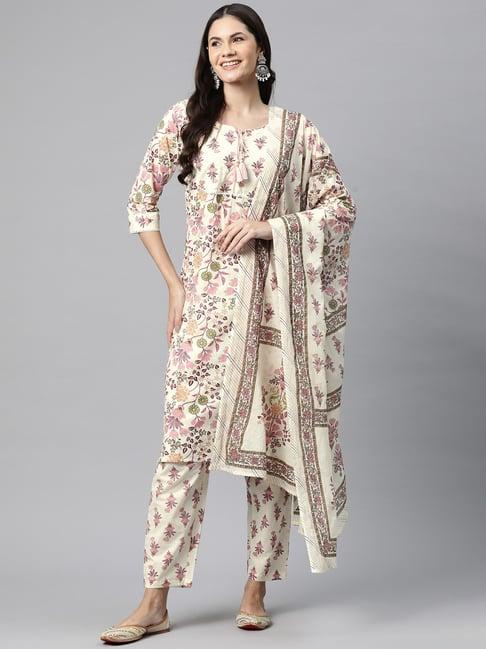 readiprint fashions beige cotton floral print kurta pant set with dupatta