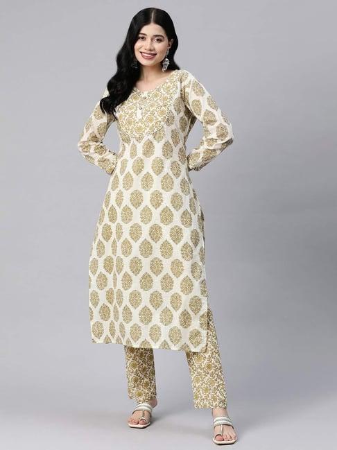 readiprint fashions beige cotton floral print kurta pant set