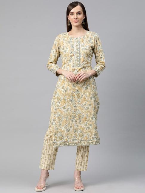 readiprint fashions beige cotton floral print kurta pant set