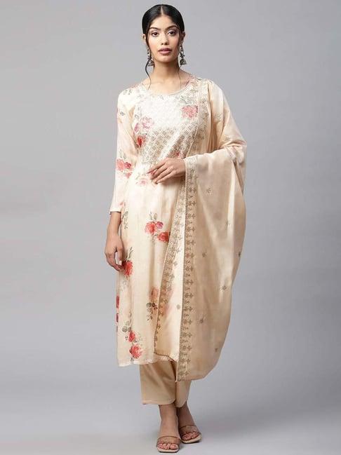 readiprint fashions beige embroidered kurta pant set with dupatta