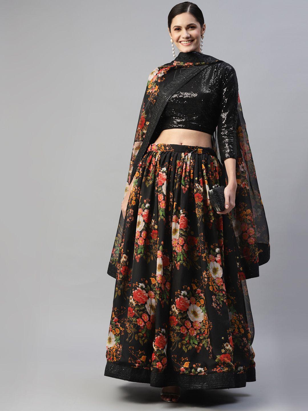 readiprint fashions black & pink embellished sequinned unstitched lehenga & blouse with dupatta