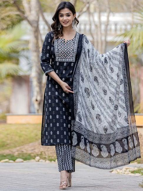 readiprint fashions black cotton embroidered kurta pant set with dupatta