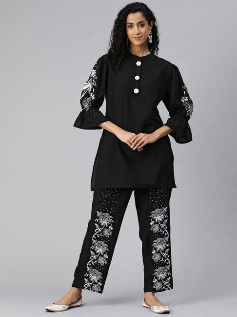 readiprint fashions black cotton embroidered kurti pant set