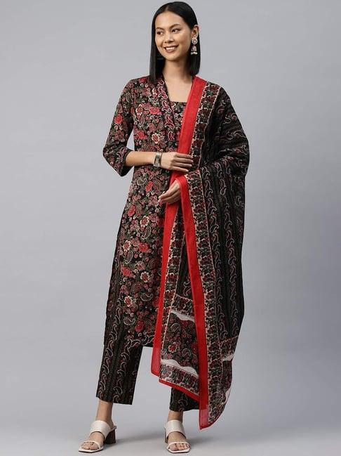 readiprint fashions black cotton floral print kurta pant set with dupatta
