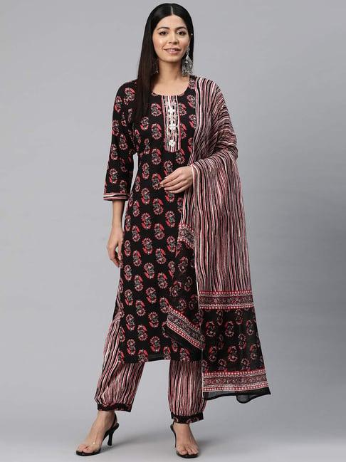 readiprint fashions black cotton floral print kurta pant set with dupatta